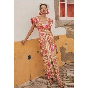 JardinVue Floral Flutter Sleeve Women M Orange Maxi Dress Resort Summer Garden